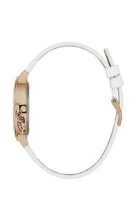 Montre en or rose avec un boîtier rond, un bracelet en cuir blanc et des éléments décoratifs. Présente un design minimaliste avec des accents subtils.