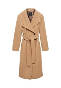 Kamel-farbener Trenchcoat mit breitem Kragen, langen Ärmeln, tailliertem Gürtel und einem einzelnen Knopfverschluss. Hergestellt aus weichem, strukturiertem Stoff.