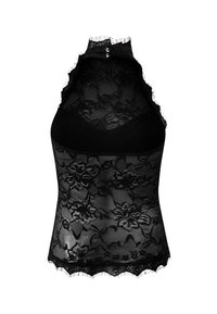 Schwarzes Spitzen-Tanktop mit hohem Halsausschnitt, floralen Mustern, Fransenverzierungen an den Kanten und Knopfverschluss hinten.