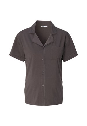 Chemise à manches courtes, gris foncé, avec un col en V, poche avant et fermeture par bouton. Fabriquée dans un matériau doux avec une texture lisse.