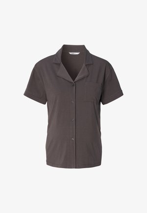 Korte mouw, donkergrijs shirt met een notch kraag, voorzak en knoopsluiting. Gemaakt van zacht materiaal met een gladde textuur.