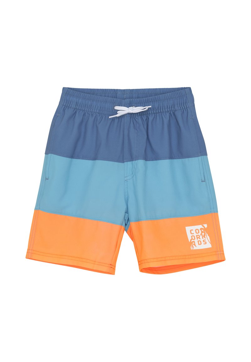 Färgglada badshorts med horisontella ränder i mörkblått, ljusblått och orange. Tillverkade av lättviktsmaterial med ett elastiskt midjeband.