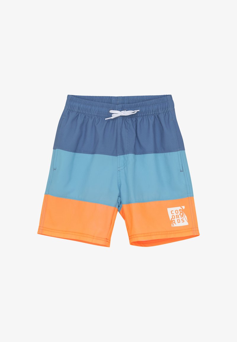 Farverige badeshorts med vandrette striber i mørkeblå, lyseblå og orange. Fremstillet af letvægtsstof med elastisk talje.