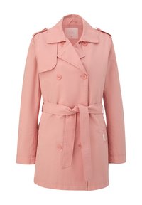 Lichtroze trenchcoat van katoenmix. Voorzien van dubbele knopen, een tailleband en schouderepauletten.