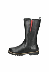 Black leather knee-high boot with a smooth finish, contrasting red zipper detail, and a rugged sole for traction.