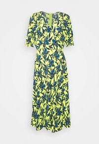 Abito midi giallo con motivo floreale blu e nero, maniche corte a sbuffo e chiusura con zip sul retro.