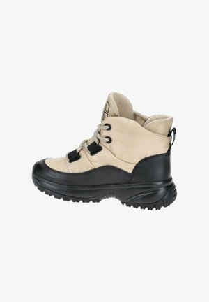 Beige and black mid-top boots with a textured rubber sole, padded collar, and elastic laces, featuring loops for secure fastening.