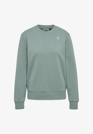 Helles grünes Sweatshirt aus Baumwollmischung, mit gerippter Textur, rundem Ausschnitt und kleinen Logodetails auf der Brust.