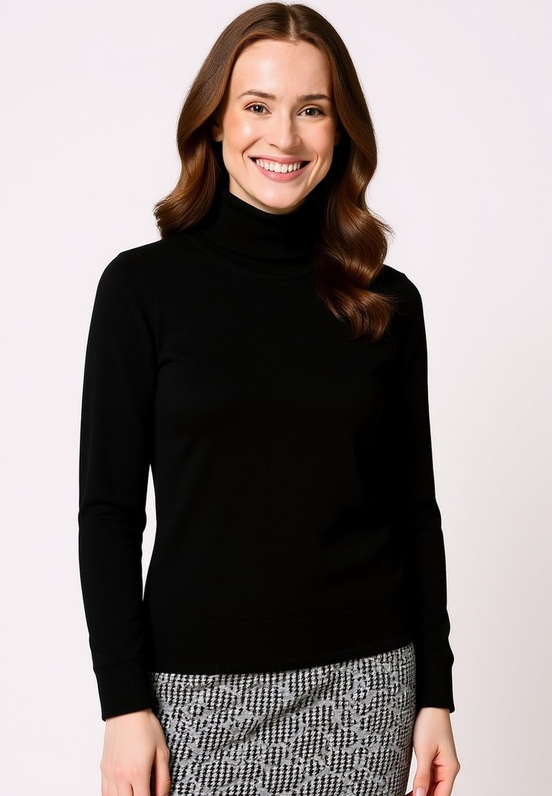 Schwarzer Rollkragenpullover mit langen Ärmeln und gerippten Bündchen, kombiniert mit einem gemusterten grauen Rock. Glatte Textur, figurbetontes Design.