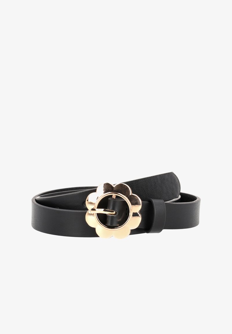 Sorte læderbælte med en blank guldfarvet blomstformet spænde og en rund løkke, der har en glat tekstur og et elegant design.