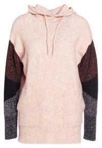 Ljusrosa hoodie i mjukt stickat material, med svarta, kopparfärgade och silverglittriga detaljer på ärmarna och en framficka i kängurustil.