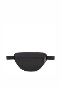 Černá pásková taška vyrobená z texturovaného materiálu, s modrým zipem, nastavitelným popruhem a zakulaceným tvarem pro kompaktní uložení.