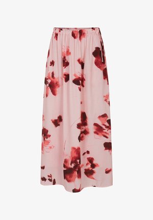 Hosszú világos rózsaszín szoknya, rugalmas derékpánttal és piros virágmintával szórva a szöveten.