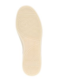 Semelle d'une chaussure en caoutchouc beige clair. Présente un motif en chevrons, un logo circulaire et le nom de la marque "remonte" en relief au niveau du talon.