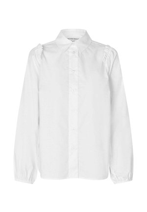 Bela srajca z dolgimi rokavi s klasičnim ovratnikom, sprednjim zapiranjem na gumb in nabranimi detajli na ramenih. Gladek material, sproščen kroj.