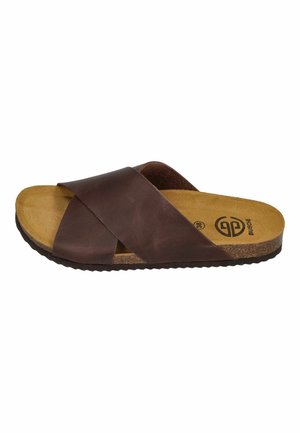 Brown leather slide sandal with crossed straps, cork footbed, and black sole, size marked 38, brand logo visible on footbed.