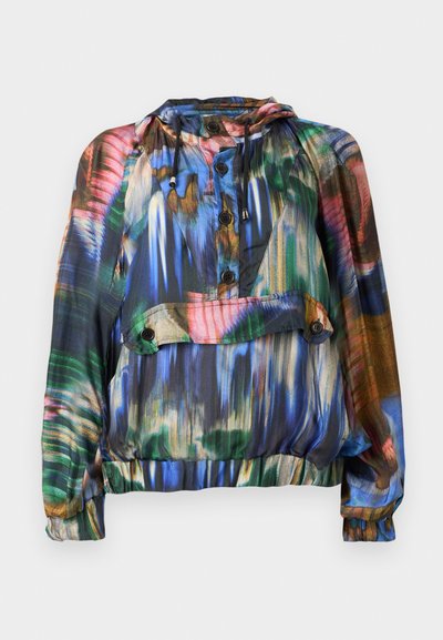 Colorful, lightweight jacket with a hood; features abstract patterns in blue, green, and red, button front, and elasticized hem and cuffs.