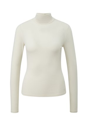Cream-colored fitted women's turtleneck sweater with long sleeves and a smooth texture on a white background.