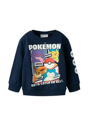Sweat-shirt bleu marine avec les personnages Pokémon Pikachu, Gengar, Évoli, Ronflex, une Pokéball et le texte "Pokemon" et "Gotta catch 'em all".