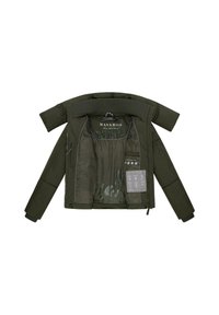 Dark green padded jacket with open front showing inner lining, label, and care instructions, laid flat with sleeves extended.