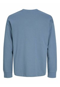 Φούτερ με μακριά μανίκια σε ανοιχτό μπλε ύφασμα. Έχει στρογγυλή λαιμόκοψη και ριμπ μανσέτες. Λείο ύφασμα, απλός σχεδιασμός χωρίς σχέδια.