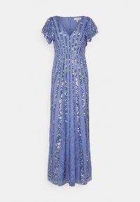 Dlouhé modré šaty s krátkými volánkovými rukávy, zdobené vertikálními pruhy z flitrů a hladkým textilním materiálem. Výstřih do V, zúžený pas.