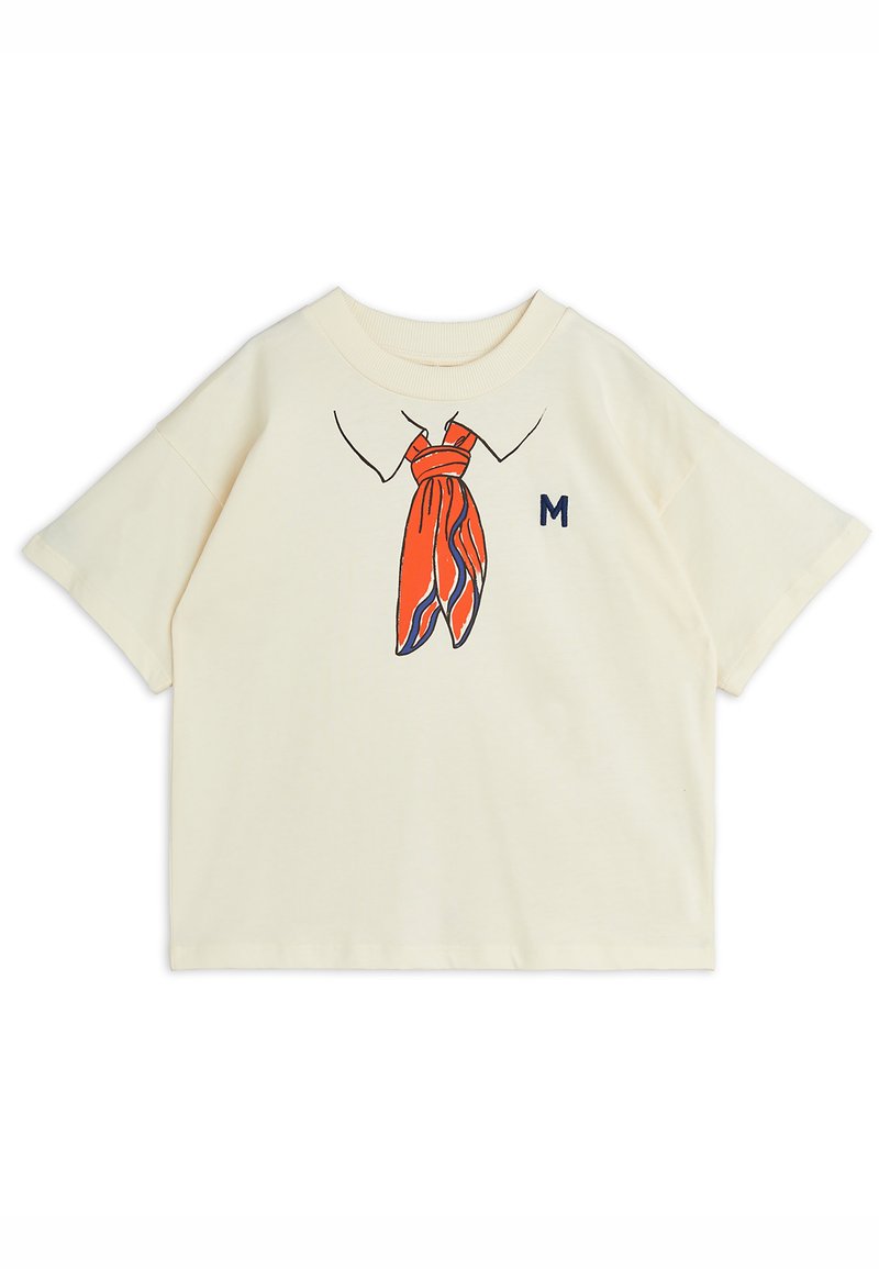 Cream-colored short-sleeve t-shirt with a graphic of an orange scarf tied at the collar and blue accent 'M' embroidered on the side.