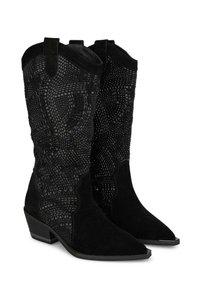 Botas de vaquero de ante negras con un eje texturizado y puntiagudo. Presentan un tacón bajo y dos lengüetas para facilitar su uso.