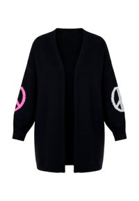 Sort åben cardigan med sænkede skuldre, der har lyserøde og hvide fredstegnsmønstre på ærmerne. Fremstillet af en tekstureret strikstof.