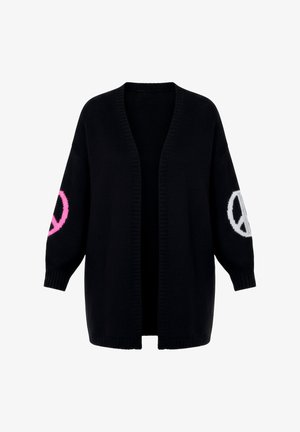 Zwarte open voorkant cardigan met verlaagde schouders, voorzien van roze en witte vredestekenpatronen op de mouwen. Gemaakt van een textuurgebreide stof.