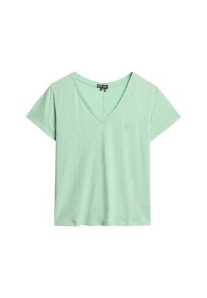 Miętowa koszulka z dekoltem w serek, krótki rękaw, wykonana z miękkiego, lekkiego materiału. Posiada małe logo na piersi.