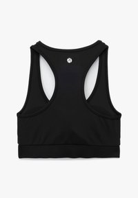 Sort sportsbh med racerback-design, lavet af blødt, strækbart stof, med et lille logo på den øverste ryg og et bredt støttende bånd.