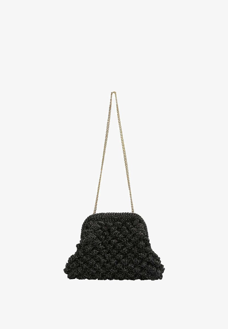 Black textured evening bag with a chain strap, featuring a soft, wavy shape and an intricate pattern of gathered fabric.
