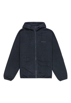 Navy fleece zip-up hoodie with a drawstring hood, long sleeves, and a slim fit. Features two front pockets and a small logo detail on chest.
