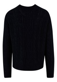 Pull en tricot bleu marine avec un motif en torsades, encolure ronde et finitions côtelées aux manches et à l'ourlet. Doté de manches longues et d'un design texturé.