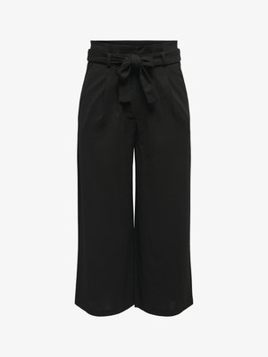 Mustad laiad püksid, mis on valmistatud kerge kangaga, vöökoht on seotud nööriga ja ees on pleatitud detailid, et tagada struktureeritud istuvus.