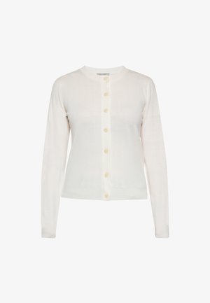 Hvid strikket cardigan med lange ærmer, rund hals og knaplukning foran. Har lodret ribbet tekstur og seks lyse knapper.