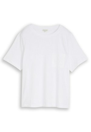 Schlichtes weißes Baumwoll-T-Shirt mit kurzen Ärmeln und Rundhalsausschnitt, mit einer kleinen Brusttasche, flach auf weißem Hintergrund präsentiert.