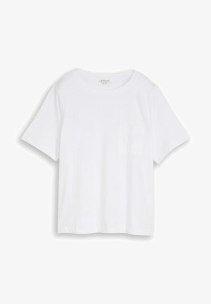 Schlichtes weißes Baumwoll-T-Shirt mit kurzen Ärmeln und Rundhalsausschnitt, mit einer kleinen Brusttasche, flach auf weißem Hintergrund präsentiert.