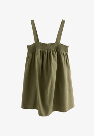 Débardeur vert olive avec des bretelles fines et un corsage froncé. Présente une coupe fluide et lâche ainsi qu'une texture en tissu doux et léger.