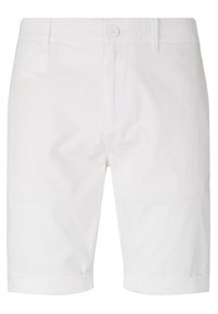 Shorts bianchi in cotone con taglio dritto, chiusura frontale con un bottone e orli ripiegati. Presentano due tasche laterali e una texture morbida.