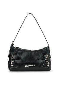 Μαύρη δερμάτινη τσάντα ώμου με ασημένιες αγκράφες στις πλευρές, φερμουάρ στην κορυφή, λεπτό λουρί και λογότυπο "Karl Lagerfeld Jeans" μπροστά.