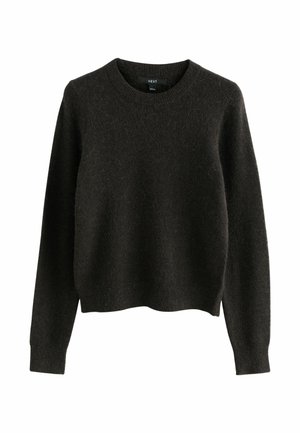 Sötétbarna gyapjúszvetter kerek nyakkivágással, hosszú ujjal és enyhén cropped szegéllyel. Texturált felület, enyhén bolyhos.