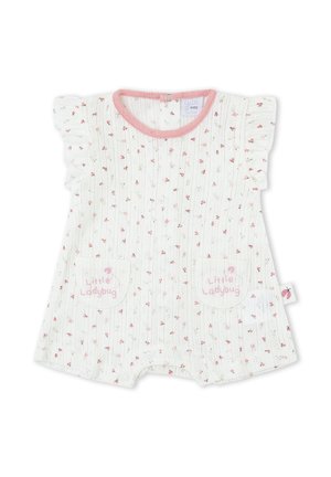 Pelele blanco para bebé con pequeño estampado floral rosa, mangas con volantes, cuello con ribete rosa y dos bolsillos delanteros con la etiqueta "Mariquita pequeña."