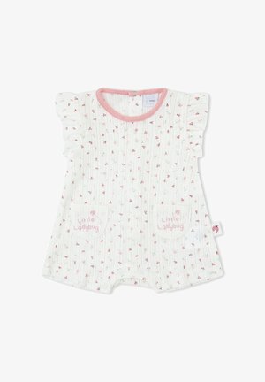 Pelele blanco para bebé con pequeño estampado floral rosa, mangas con volantes, cuello con ribete rosa y dos bolsillos delanteros con la etiqueta "Mariquita pequeña."