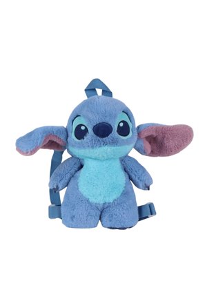 Zaino di peluche blu a forma di alieno dei cartoni animati con grandi orecchie, occhi grandi e pancia azzurro chiaro, mostrato su sfondo bianco.