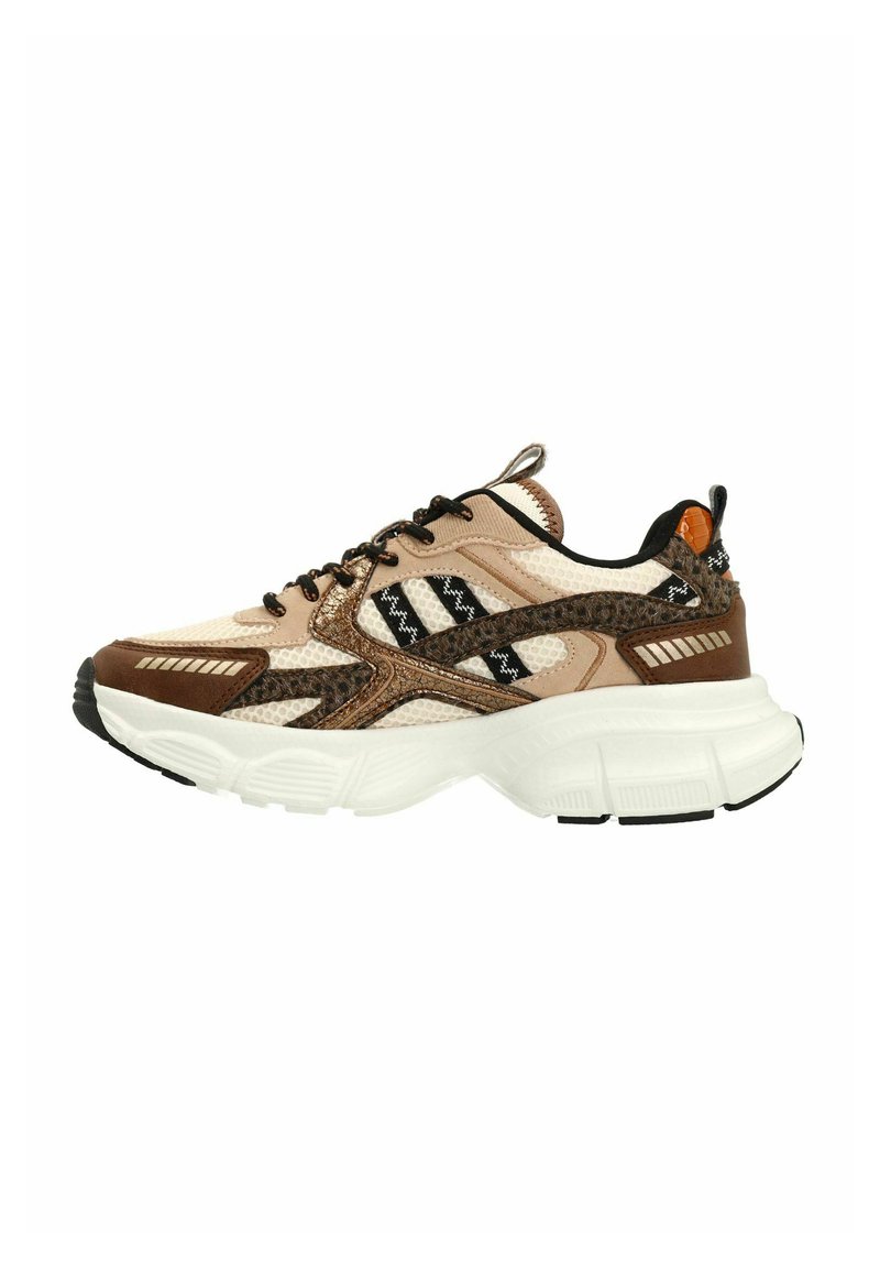 Chunky sneaker with a mesh upper in beige and brown, featuring black accents and textured detailing. Treaded white sole with a black base.