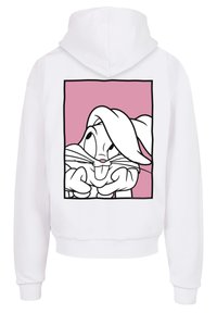 Felpa bianca con cappuccio caratterizzata da una grafica di un personaggio dei cartoni animati su uno sfondo rosa. Il design mette in evidenza contorni neri audaci e un'espressione facciale giocosa.