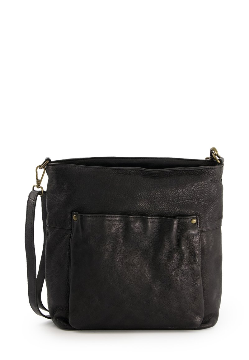 Sort læder bucket bag med en blød tekstur, der har en frontlomme og en aftagelig skulderrem. Messingdetaljer er inkluderet.
