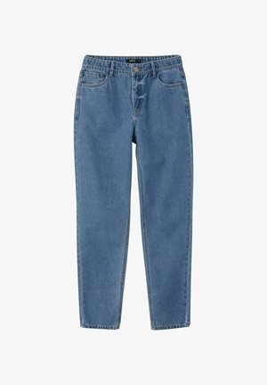 Jasnoniebieskie dżinsy z denimu o luźnym kroju, prostych nogawkach, konstrukcji z pięcioma kieszeniami oraz zapięciem na guzik w pasie.